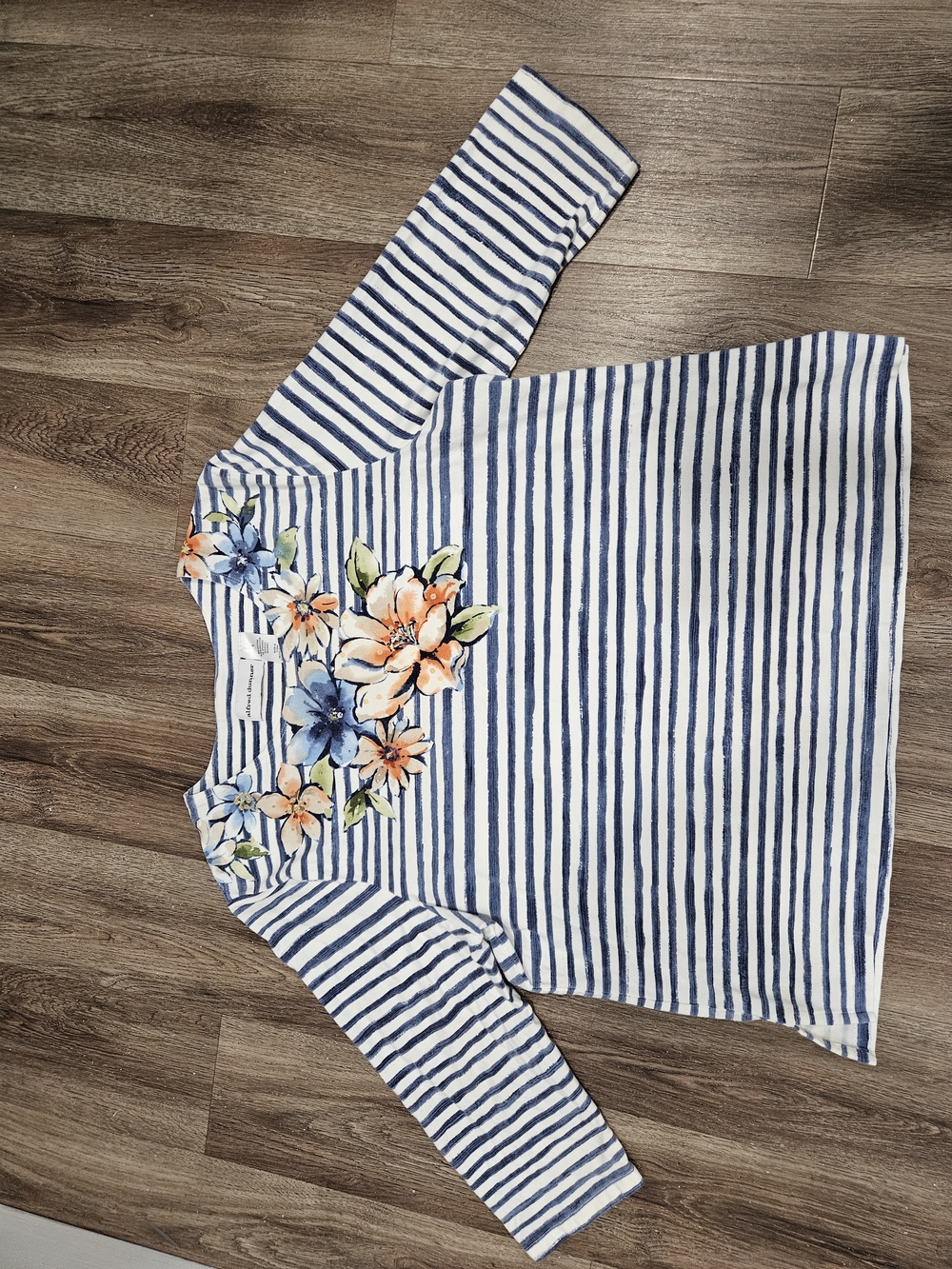 Alfred Dunner Navy & White Striped Floral Yoke Long Sleeve Top